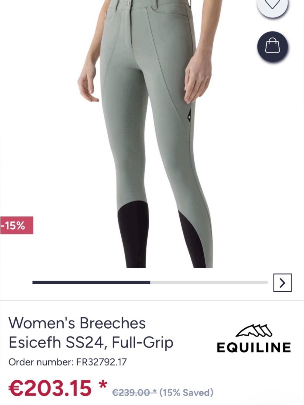 NWT Equiline Women's Full-Grip Breeches in Sage Green w phone pockets